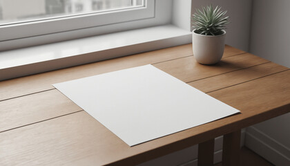 Blank A4 Paper on Wooden Desk in Minimalist Natural Light Setting