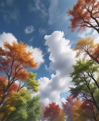 Fototapeta premium Cloudy sky with wispy strands of colored air flowing through trees, cloudy skies, colored wind, gentle rustle