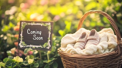 Baby shoes in basket with "Coming Soon" sign.