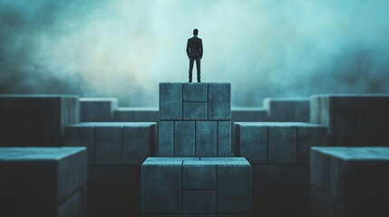A businessman stands atop a large block in a field of smaller blocks.