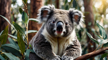 Fototapeta premium Koala in the Eucalyptus: A close-up portrait of a koala perched amidst lush eucalyptus leaves, its soft fur and inquisitive gaze captivating the viewer.