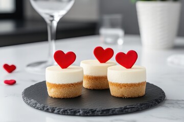 valentines day desserts, valentines mini cheesecakes displayed on a kitchen table in a bright scandinavian kitchen, with love-themed decor and a view