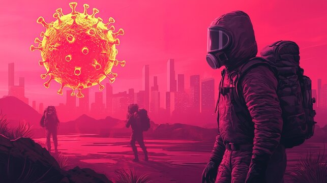 A surreal scene depicting figures in protective gear against a vivid pink backdrop with a large, stylized virus symbolizing a post-apocalyptic world.