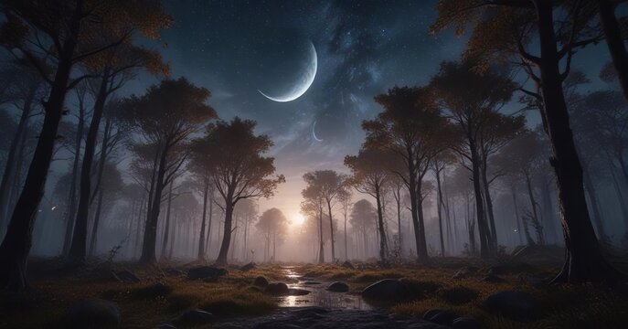 Magical forest under a starry night sky with crescent moons and glowing trees, mystical, starry night sky, twinkling lights