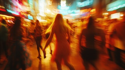 Fototapeta premium A blurry image of a woman in a red dress running through a crowd of people
