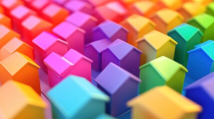 Vibrant Rainbow Colored House Models, Housing Development Concept.