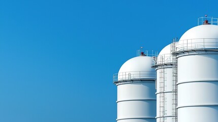 Three large white storage tanks against a clear blue sky, creating a stark industrial aesthetic.