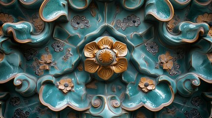 Decorative ceramic relief featuring intricate floral design in vibrant turquoise and gold hues