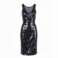 Black sequin sleeveless dress on white background, evening fashion