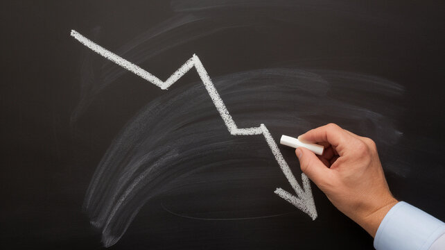 Downward arrow chart drawn in white chalk symbolizing financial decrease  
