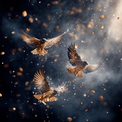 Obraz premium Golden Dust Birds A Trio in Flight, Magical Scene
