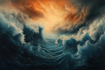 Surreal digital painting of stormy waves, the sky painted with hues of orange and blue, creating an ethereal atmosphere that suggests power and chaos