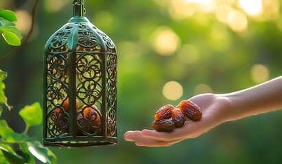 A hand reaching for dates, next to an ornamental lantern with a green background, a Ramadan concept