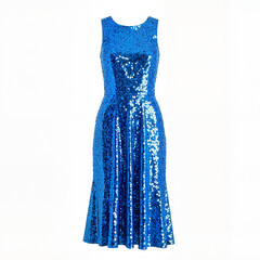 Vibrant blue sequin dress on white background, glamorous fashion