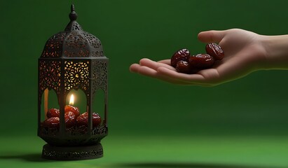 A hand reaching for dates, next to an ornamental lantern with a green background, a Ramadan concept