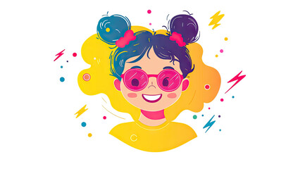 A cute little girl wearing sunglasses, with a happy expression, set against a bright background in a flat vector illustration style. Colorful cartoon characters and UI design elements are featured PNG