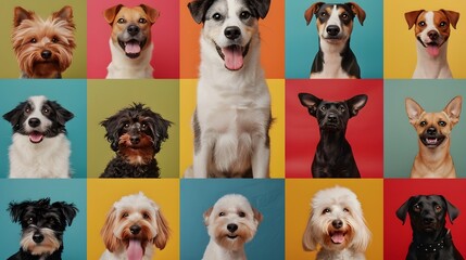 Nine happy dogs of various breeds are looking at the camera on colorful backgrounds.