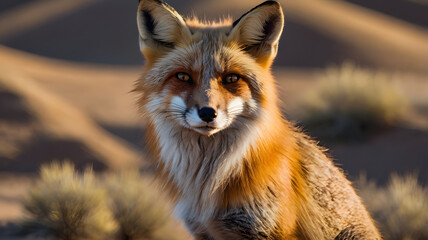 Fototapeta premium Red Fox in Desert Sunset: A captivating portrait of a red fox against the backdrop of a desert sunset, showcasing its piercing gaze and striking reddish-brown fur.
