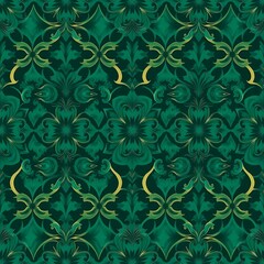 Emerald Elegance: A captivating seamless pattern with ornate, intricate designs in shades of emerald green and gold.  This luxurious.