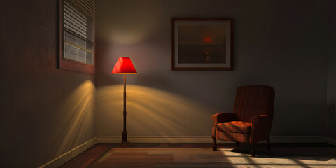 Interior Scene: Room with Floor Lamp, Armchair, and Framed Artwork