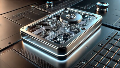 A futuristic external hard drive with a sleek metallic surface, glowing circuit patterns, and neon digital accents, placed on a high-tech background resembling a cyber-themed workspace