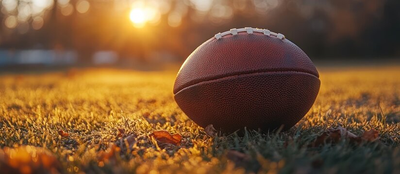 American football on autumn grass at sunset. (1)