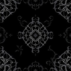 Dark Elegance Seamless Pattern: A sophisticated grayscale damask pattern with intricate floral and arabesque designs on a black background.