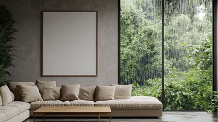  A cozy living room with a blank poster on a soft gray wall, featuring a plush beige sofa and a wooden coffee table. Large windows display a rainy view of lush green trees outside.