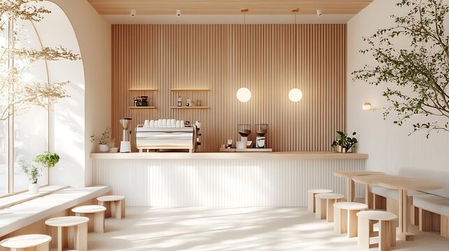 Fototapeta Cozy, minimalist coffee shop with pastel decor, natural wood accents, and soft lighting 