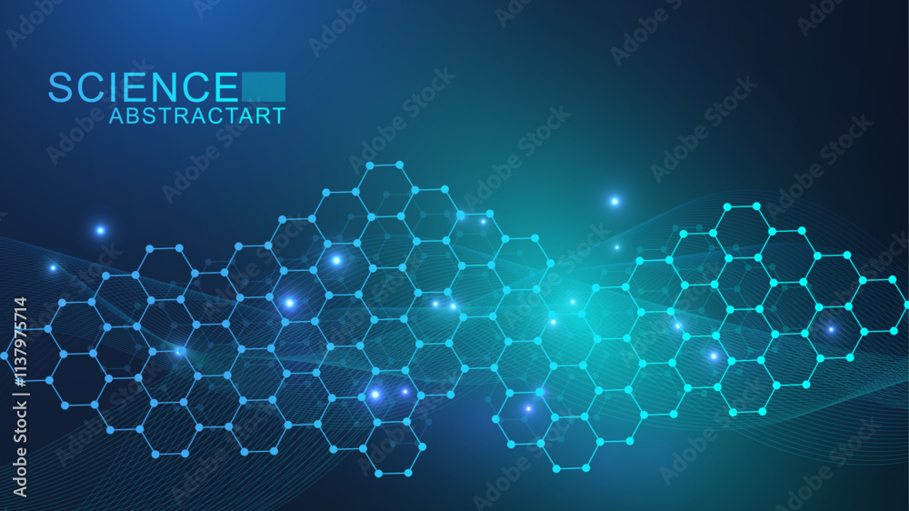 Sticker modern scientific background with hexagons, lines and dots. wave flow abstract background. molecular