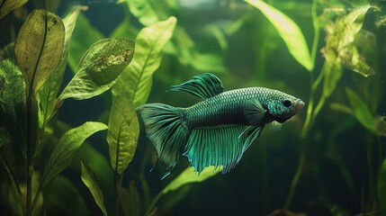 Vibrant Green Betta Fish Swimming Among Aquatic Plants in Tank