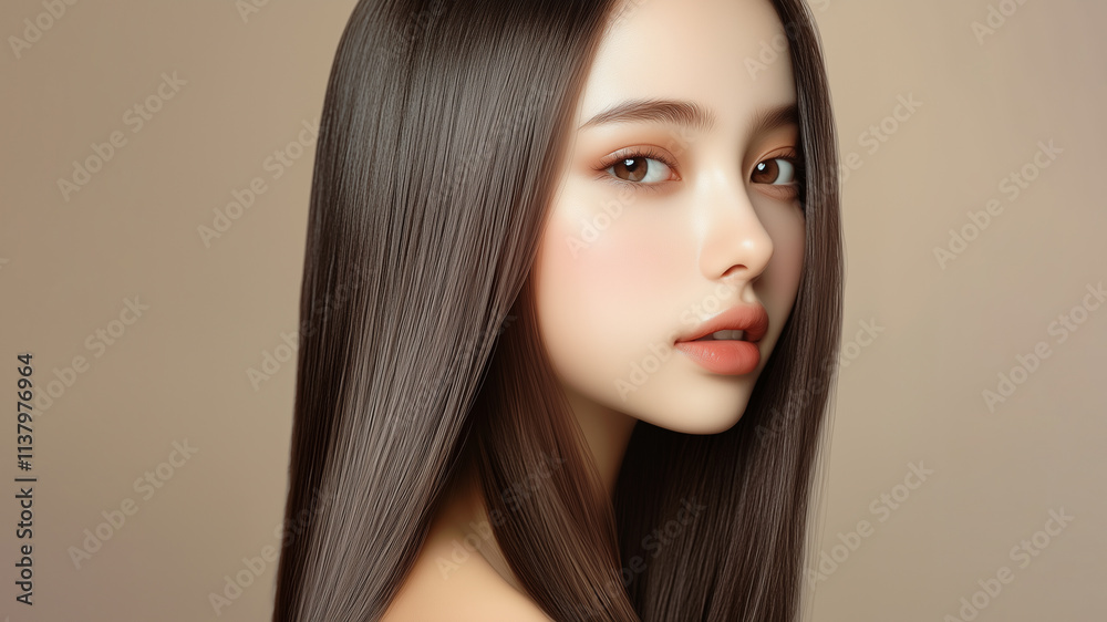 Aufkleber 長い髪が美しい若くて可愛い女性モデルの横顔。ヘアケアの美容ポートレート。