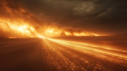 Dramatic Sandstorm with Fiery Glowing Trails in the Desert Landscape