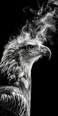 Fototapeta premium an eagle emerging from smoke fade against a black background, creating a dreamscape portraiture with a gigantic scale, ideal for a wall poster or wallpaper.