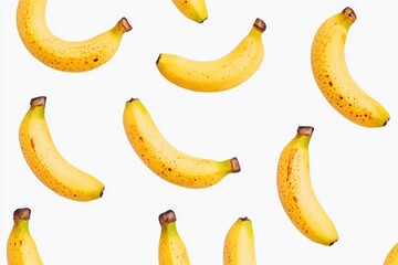 Various ripe yellow bananas arranged on a plain white background showcasing their natural texture and shape