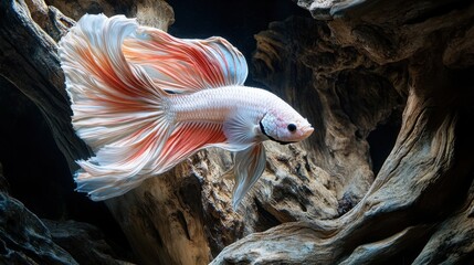 Elegant White Betta Fish Swimming Among Natural Driftwood