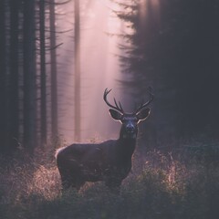 Majestic Deer in Misty Forest Sunrise