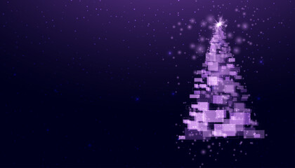 Christmas tree made of geometric shapes, lights and sparkles. Cyber ​​Christmas or Happy New Year concept. Vector tech background.