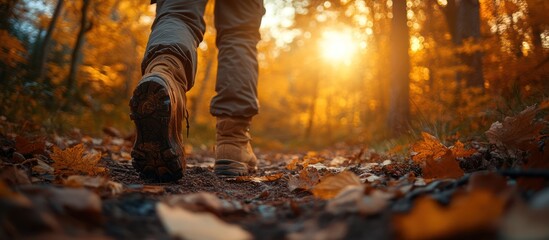 Person hiking on autumn trail at sunset.