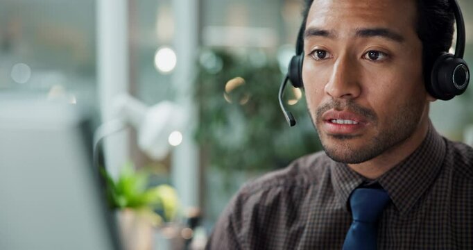 Call center, customer service and agent typing on computer for loan advice, payment processing or FAQ. Inbound assistance, man or talking on microphone for client information to determine eligibility