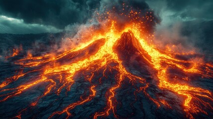 Naklejka premium Surreal Volcanic Explosion with Molten Lava Flowing Dramatically