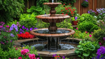 Serene Garden Fountain Surrounded by Vibrant Flower Blooms