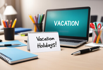 A note on the office desk with the text vacation
