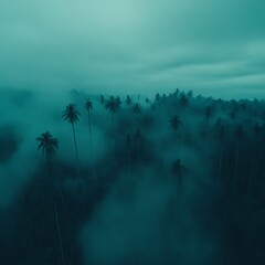 Misty Tropical Palm Forest Aerial View at Dawn
