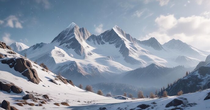 Snow-covered mountain range with snowflakes gently falling , winter, gentle