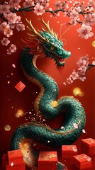Fototapeta premium A festive illustration for Chinese New Year features a graceful green dragon among vibrant red boxes and blooming cherry blossoms, symbolizing prosperity and luck.