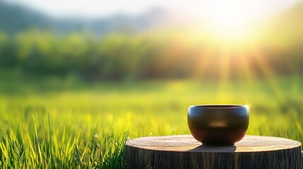 Serene landscape with a bowl on a wooden stump, illuminated by soft sunlight.