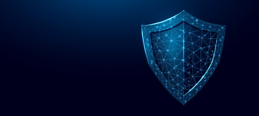 Guard shield. Cyber security concept with glowing low poly shield on dark blue background. Wireframe low poly design. Abstract futuristic vector illustration.