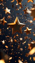 A dynamic scene featuring golden stars and confetti against a dark background.