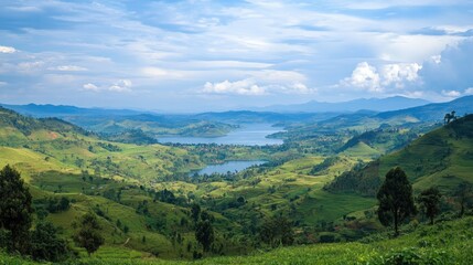 Naklejka premium A scenic view of rolling hills and a tranquil lake under a blue sky with scattered clouds.